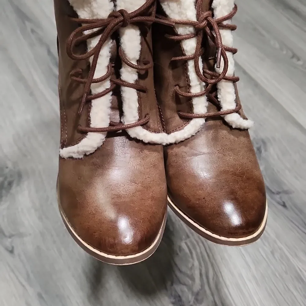 Restricted Brown Leather Sherpa Heeled Booties